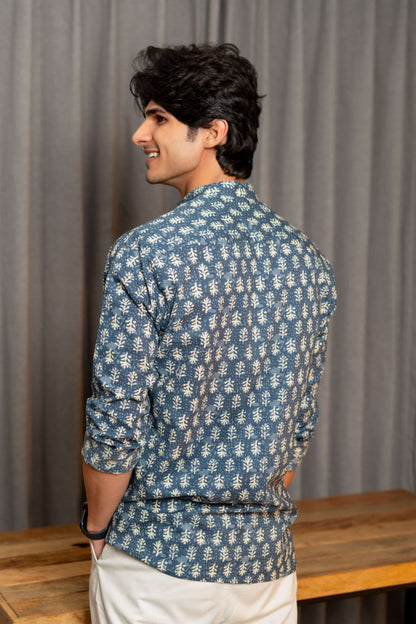 The Teal Blue Short Kurta With Grey Butti Print