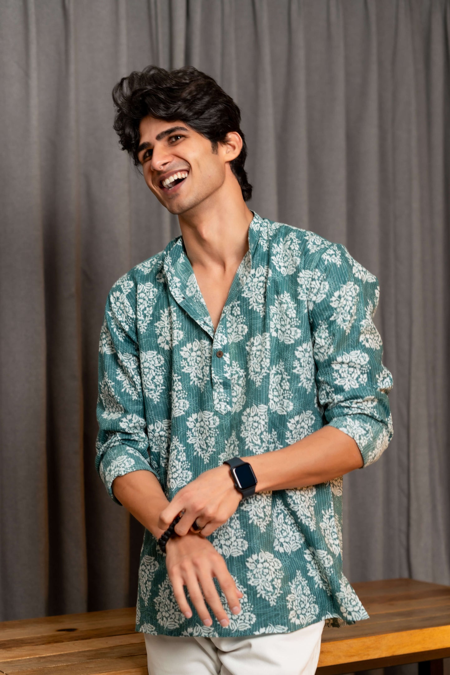 The Mineral Green Kantha Work Short Kurta With White Floral Print