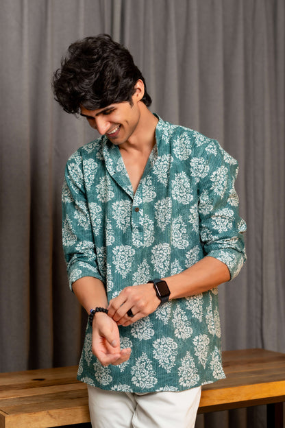 The Mineral Green Kantha Work Short Kurta With White Floral Print