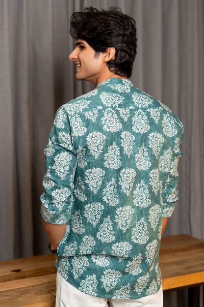 The Mineral Green Kantha Work Short Kurta With White Floral Print