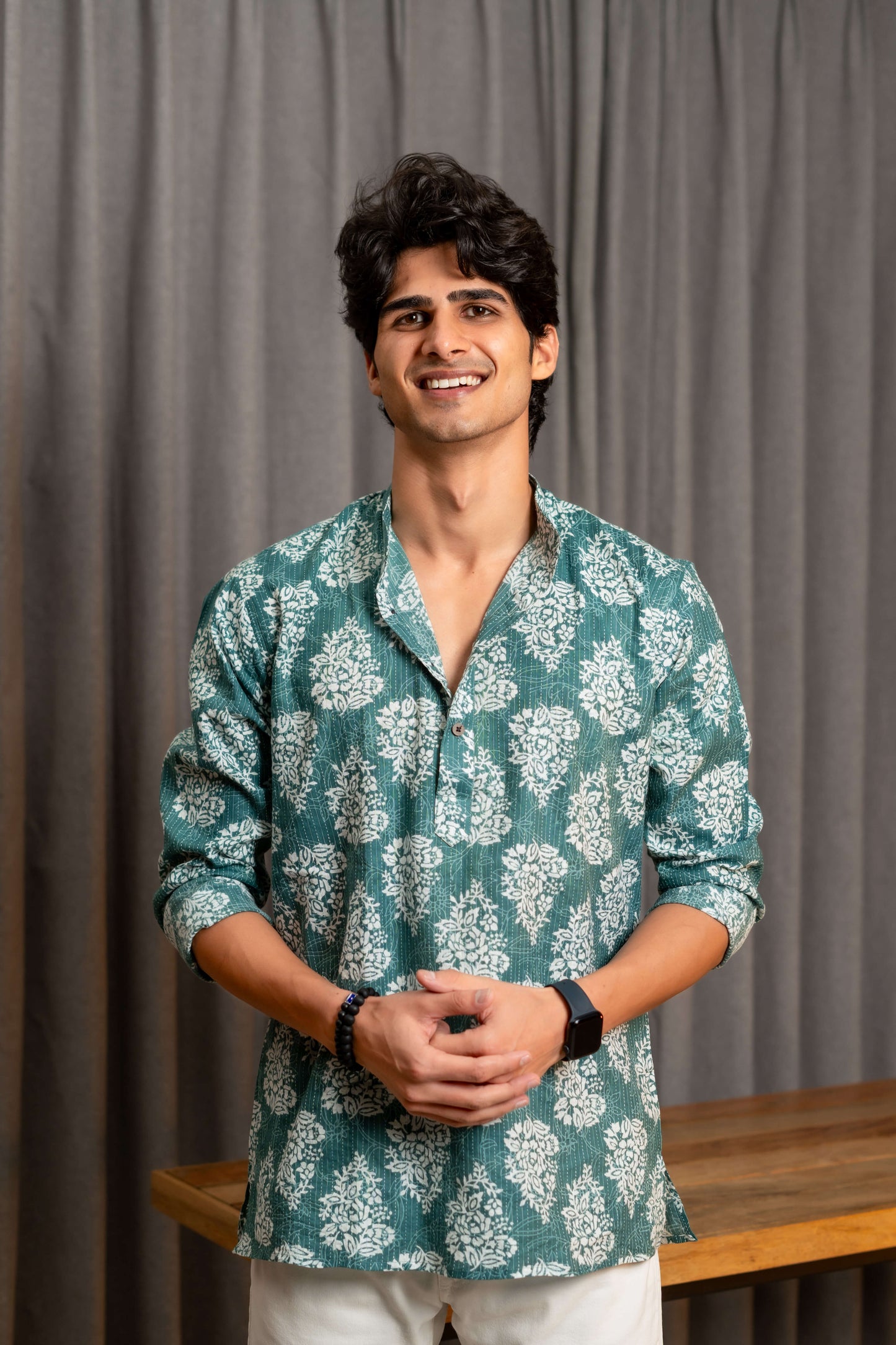 The Mineral Green Kantha Work Short Kurta With White Floral Print