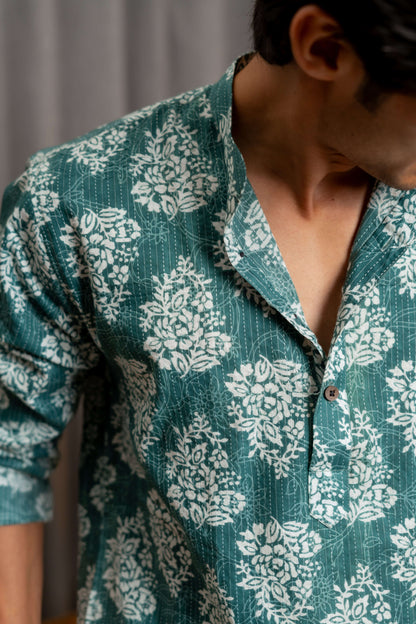 The Mineral Green Kantha Work Short Kurta With White Floral Print