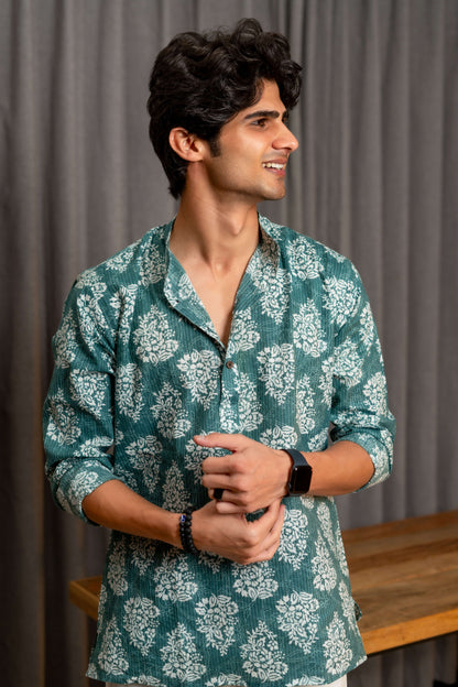 The Mineral Green Kantha Work Short Kurta With White Floral Print