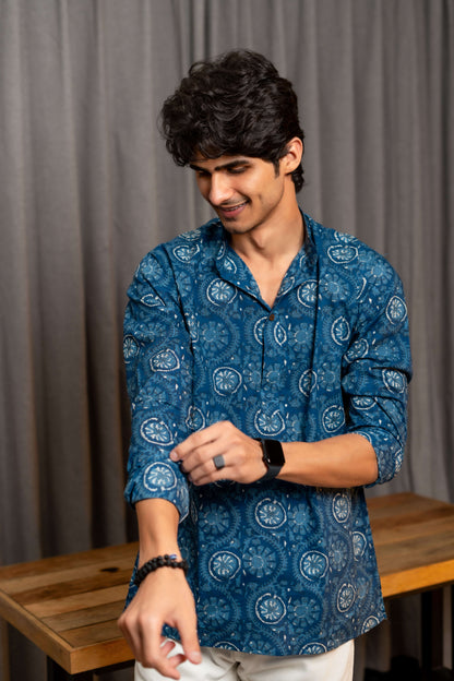 The Prussian Blue Short Kurta With White Floral and Patel Print