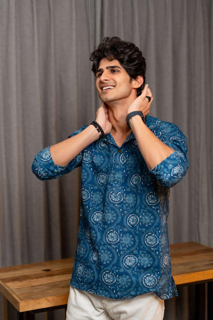 The Prussian Blue Short Kurta With White Floral and Patel Print