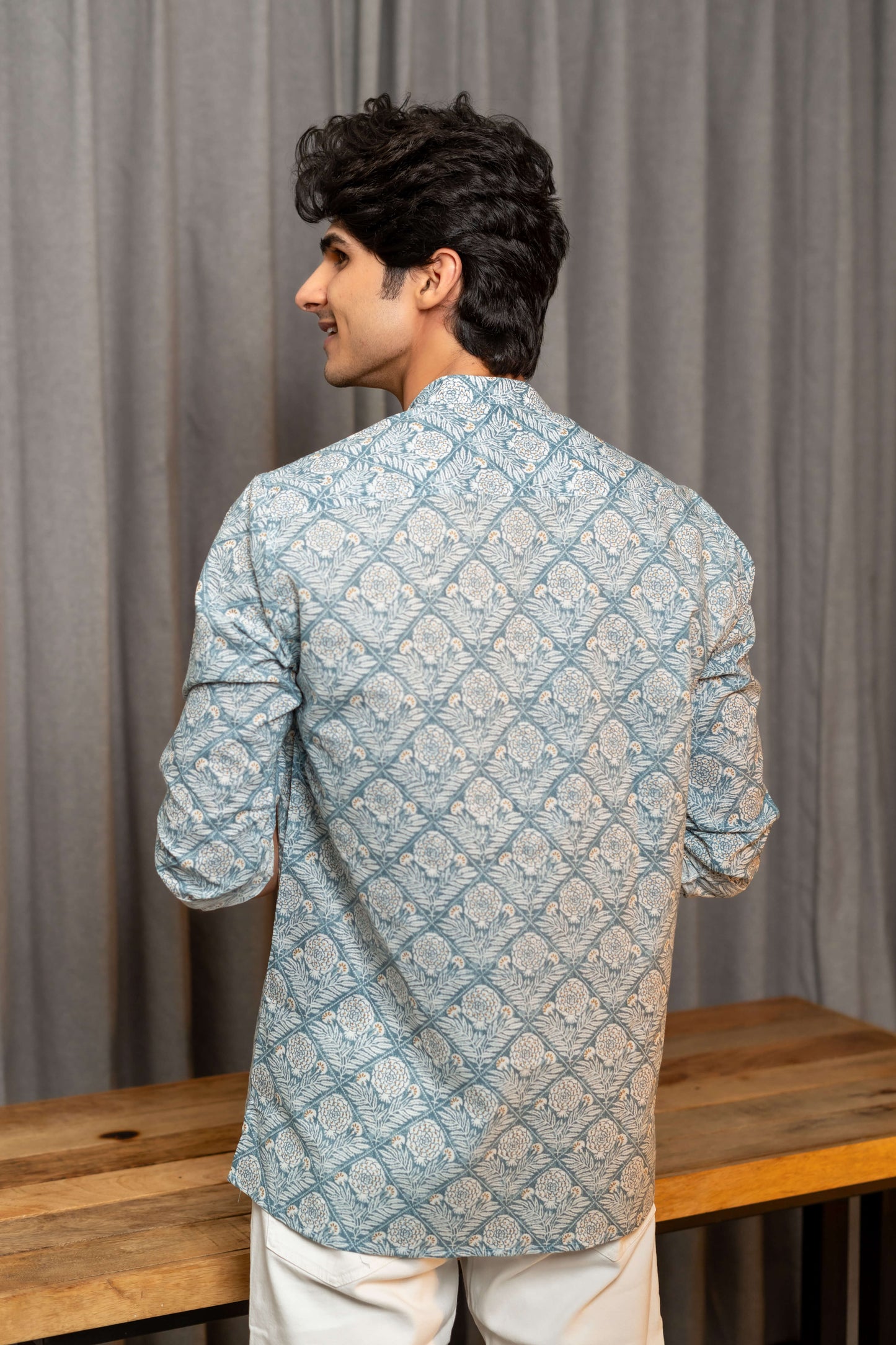 The Greyish Blue Geometric Floral Print Short Kurta