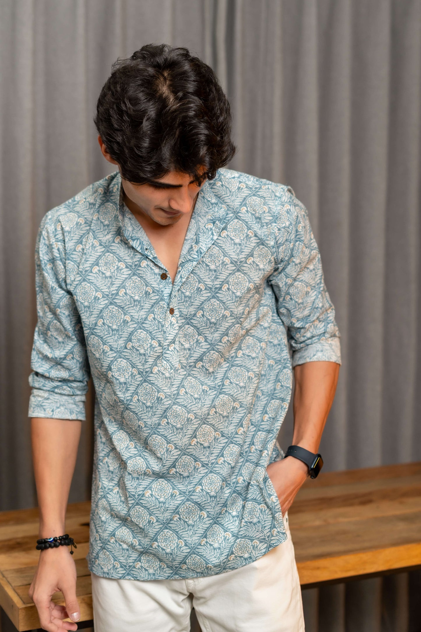 The Greyish Blue Geometric Floral Print Short Kurta