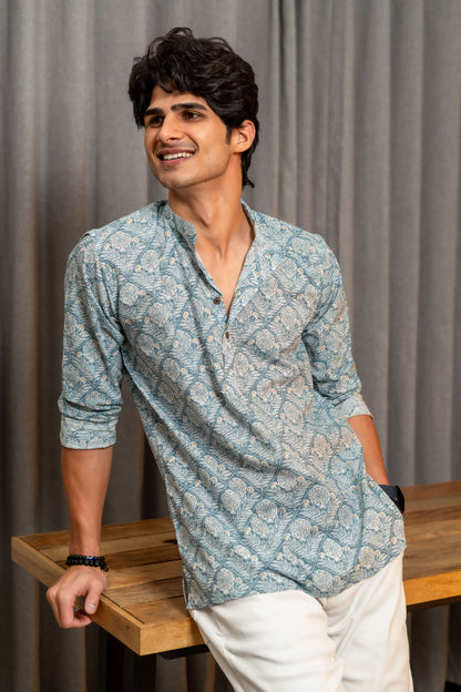 The Greyish Blue Geometric Floral Print Short Kurta