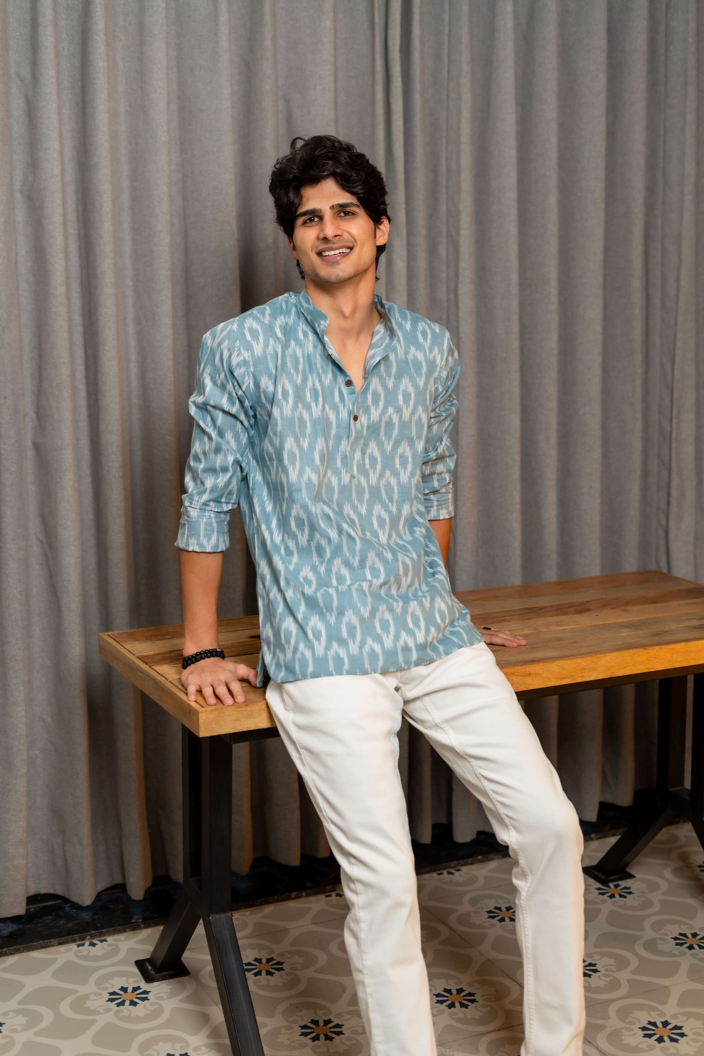 The Steel Blue Short Kurta With Ikat Print