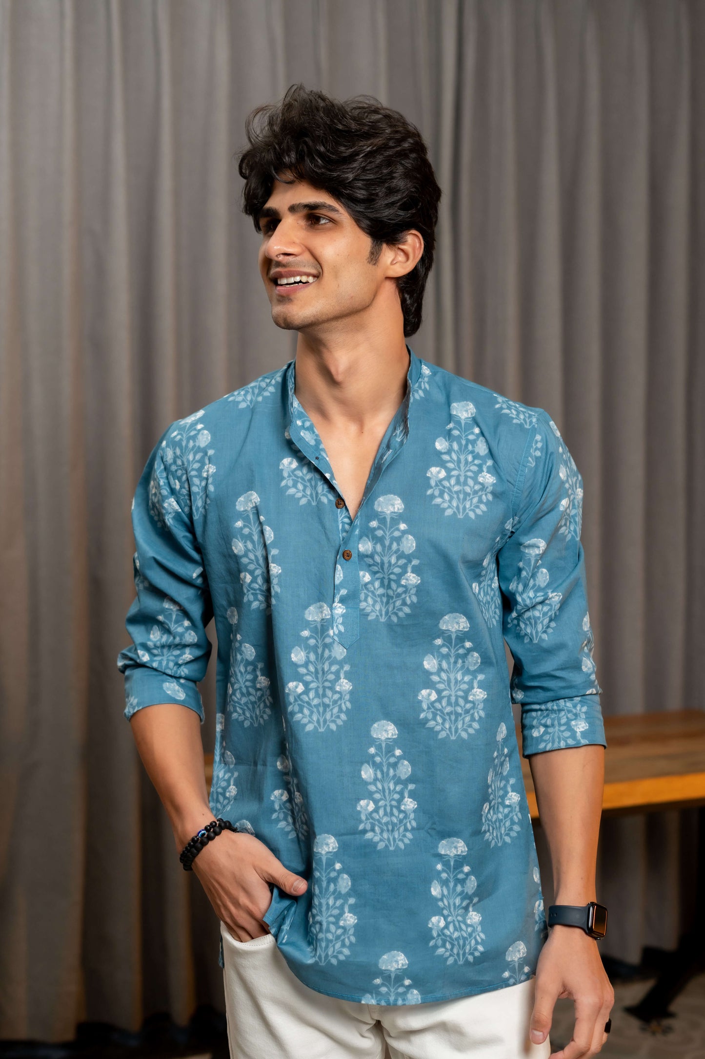 The Marble Blue Short Kurta with White Floral Print