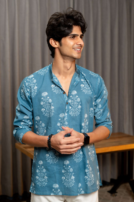 The Marble Blue Short Kurta with White Floral Print