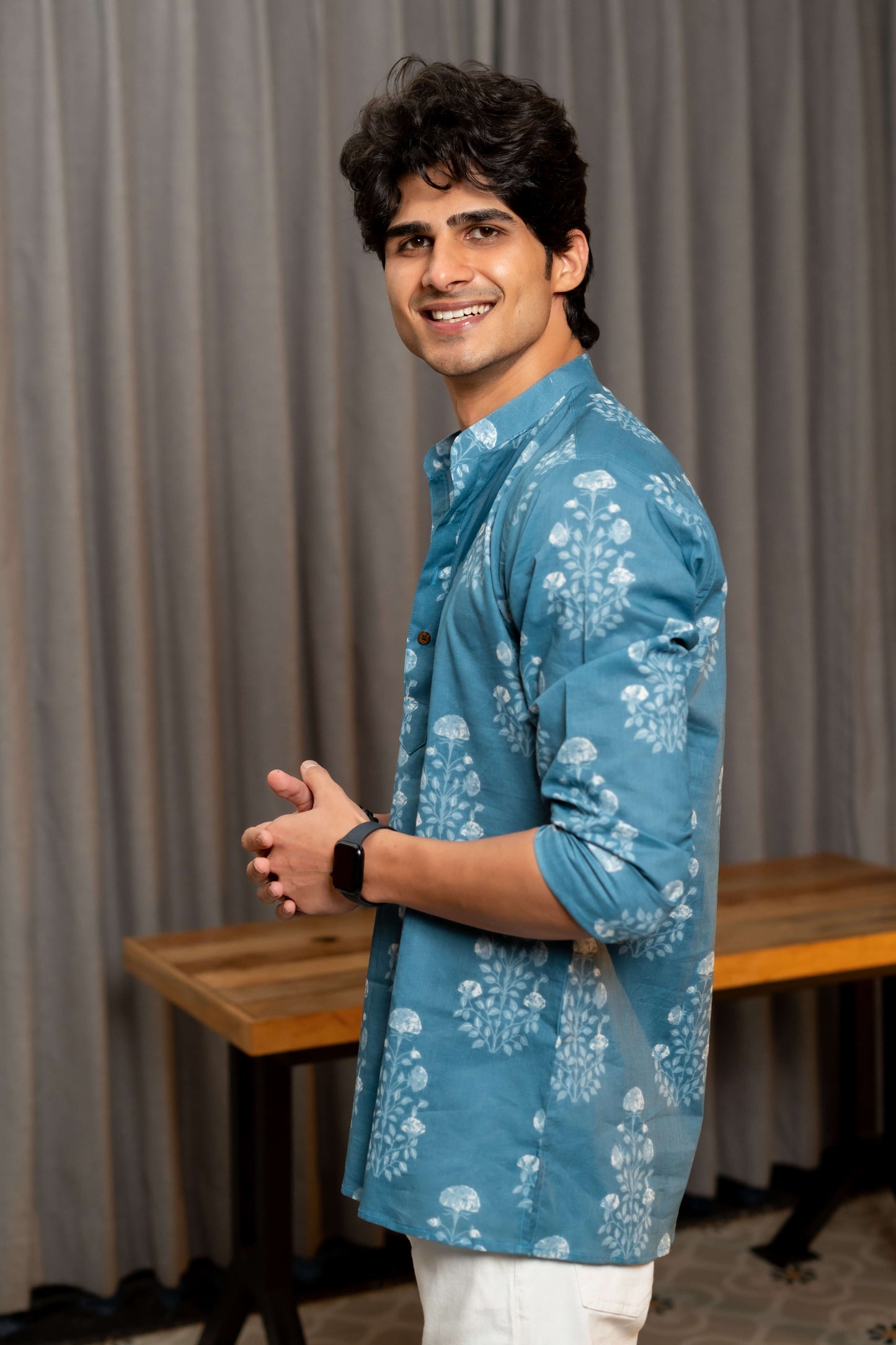 The Marble Blue Short Kurta with White Floral Print