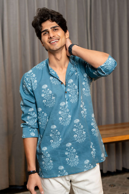 The Marble Blue Short Kurta with White Floral Print