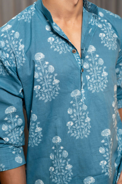 The Marble Blue Short Kurta with White Floral Print