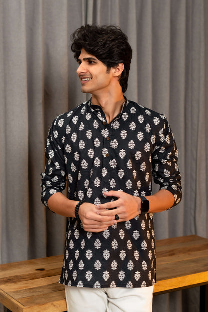 The Black Short Kurta With White Butti Print