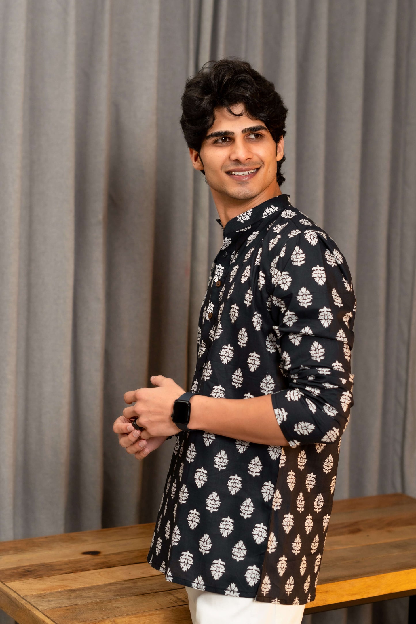 The Black Short Kurta With White Butti Print