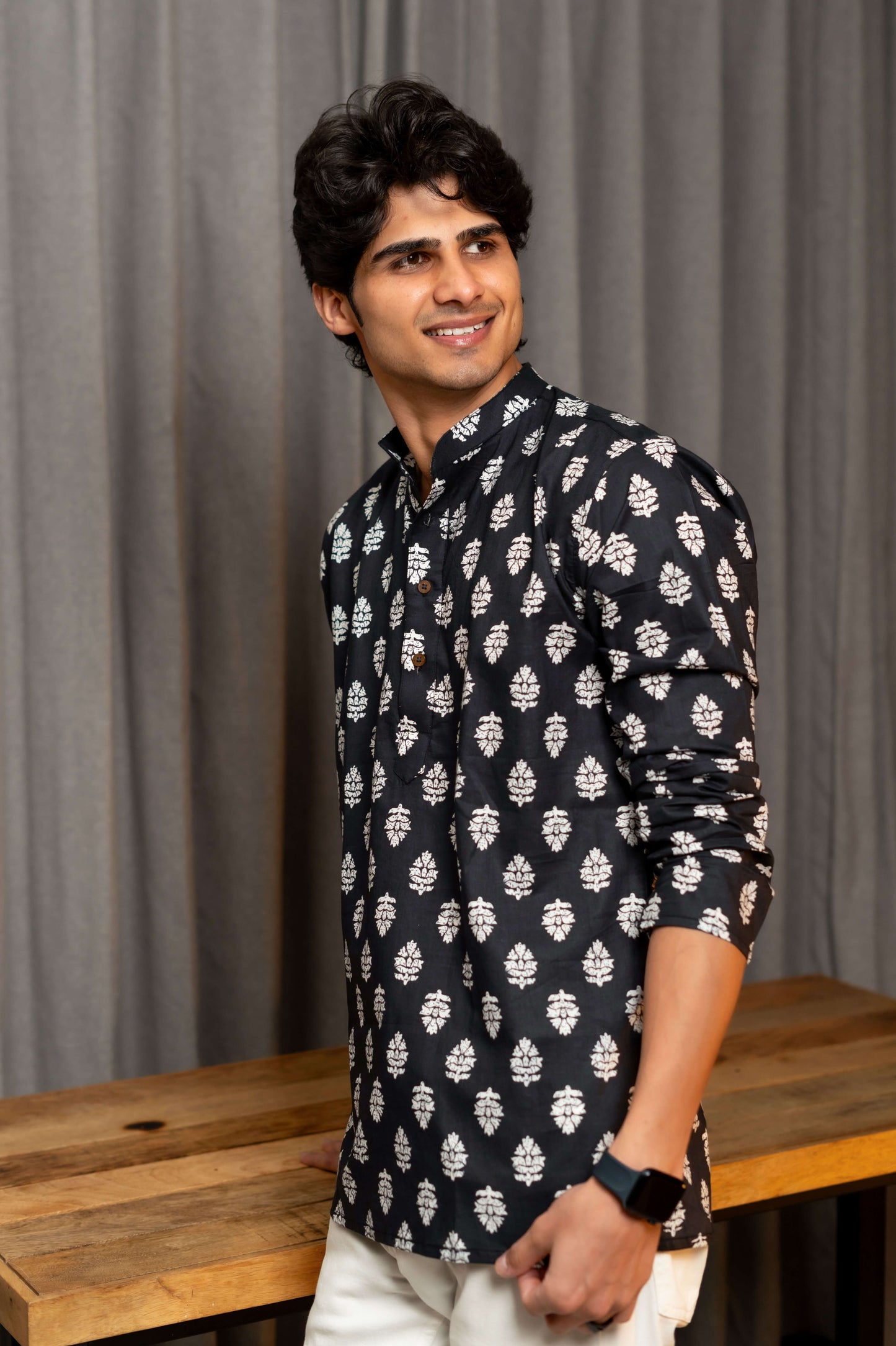 The Black Short Kurta With White Butti Print