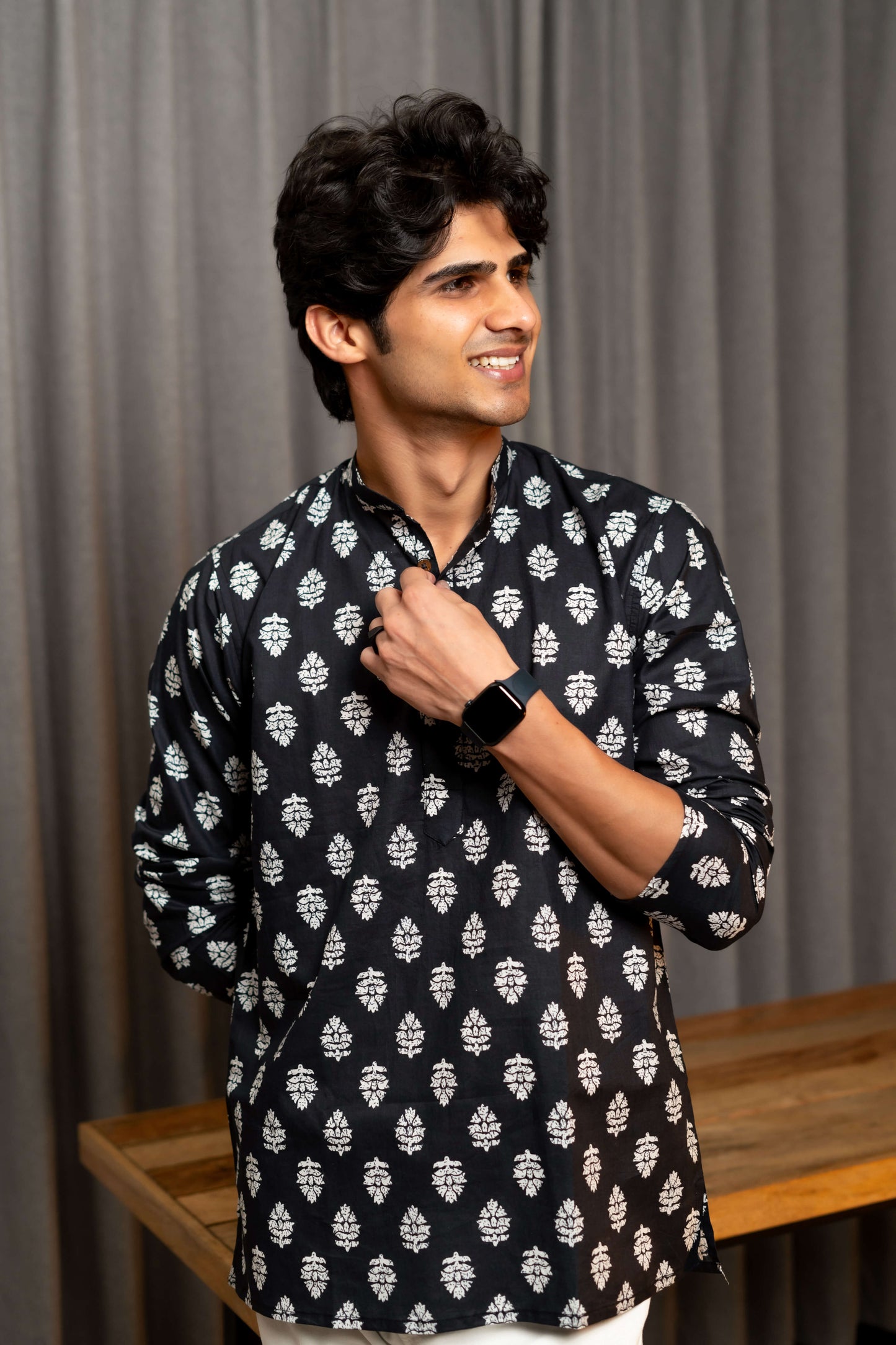 The Black Short Kurta With White Butti Print