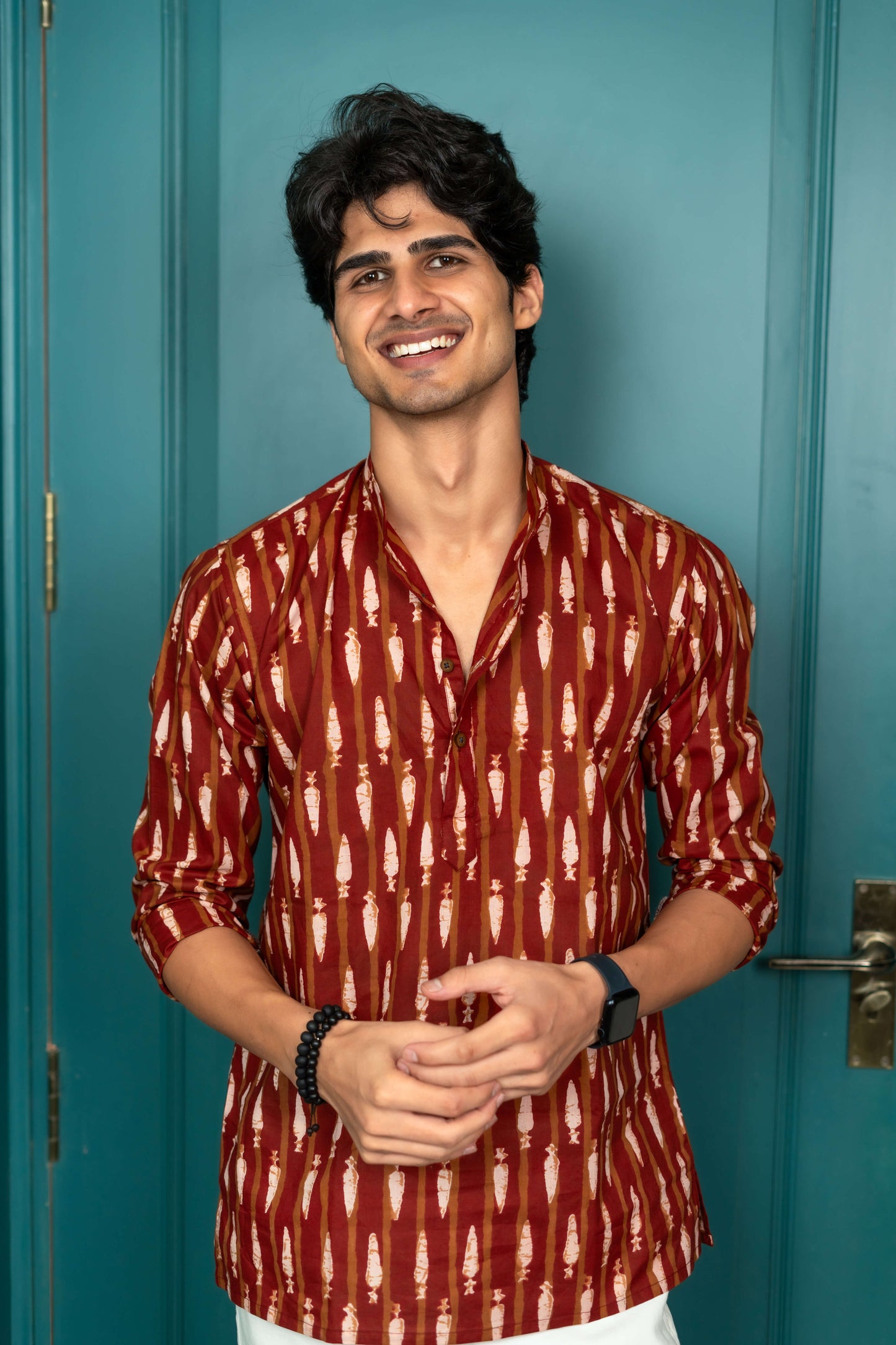 The Garnet and Brown Stripe Short Kurta With Carrot Print