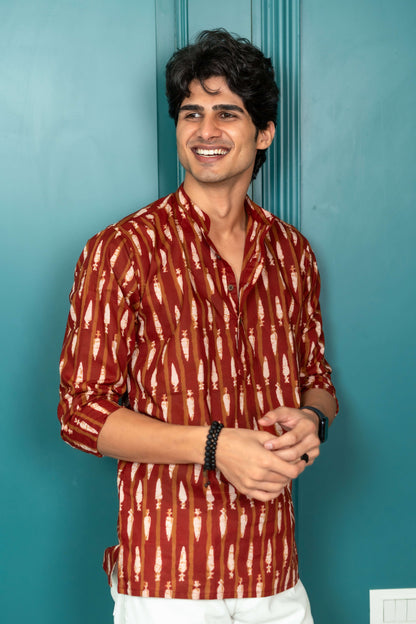 The Garnet and Brown Stripe Short Kurta With Carrot Print