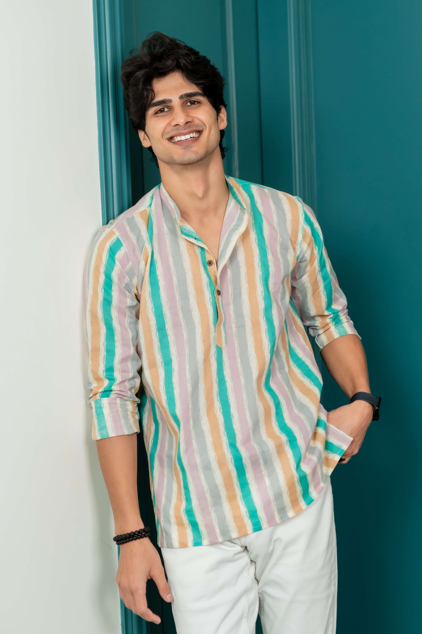 The Multicolor Pastel Stripe Printed Short Kurta