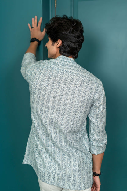 The Ivory Color Kantha Work Short Kurta With Teal Floral Stripe Print