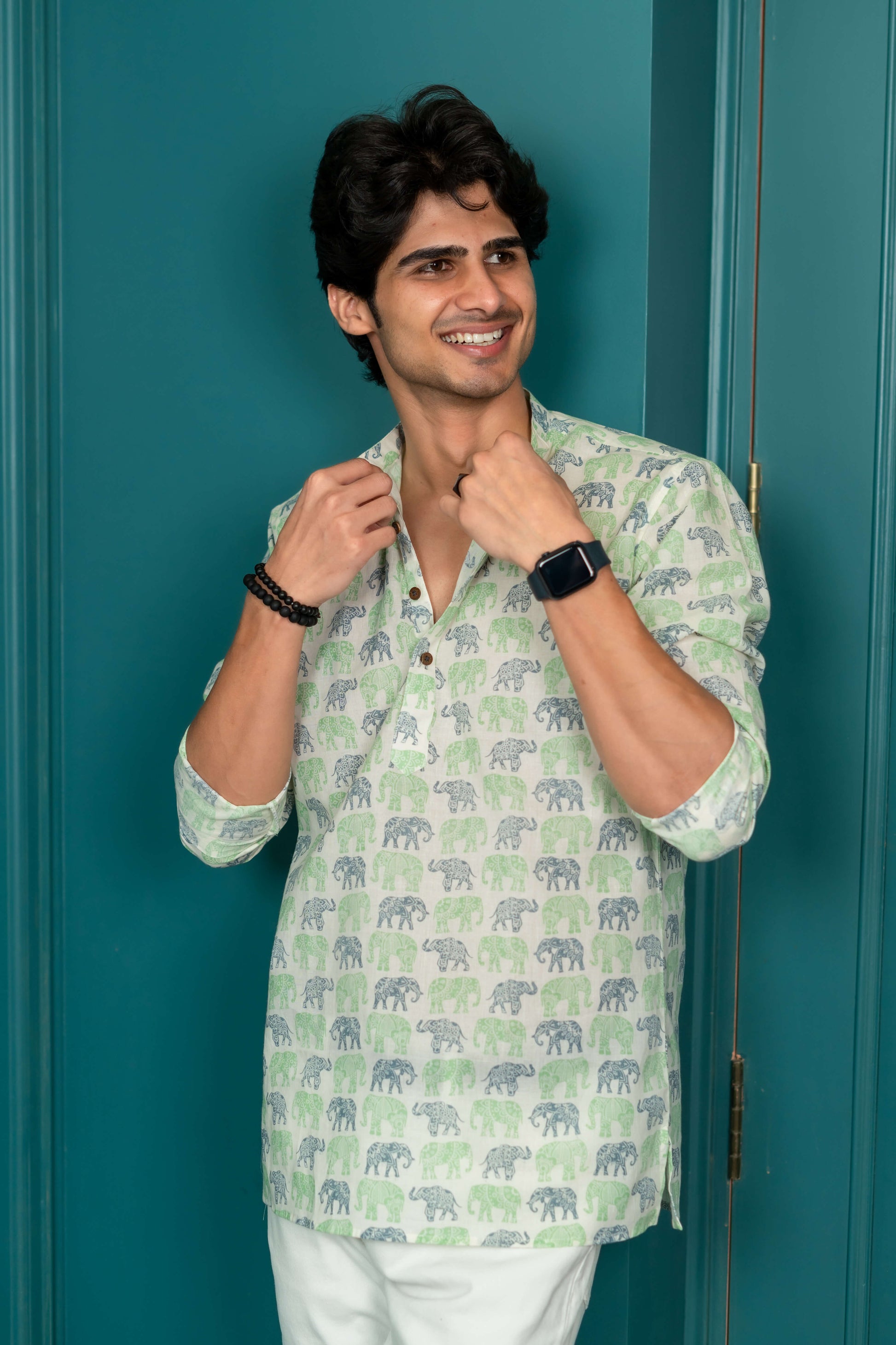 elephant printed short kurta for men