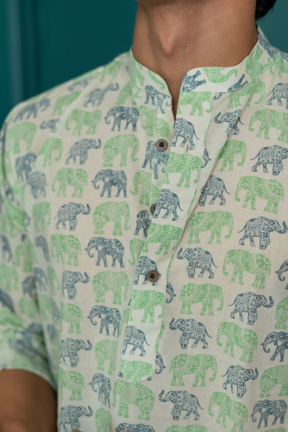 The White Short Kurta With Blue and Green Elephant Print.