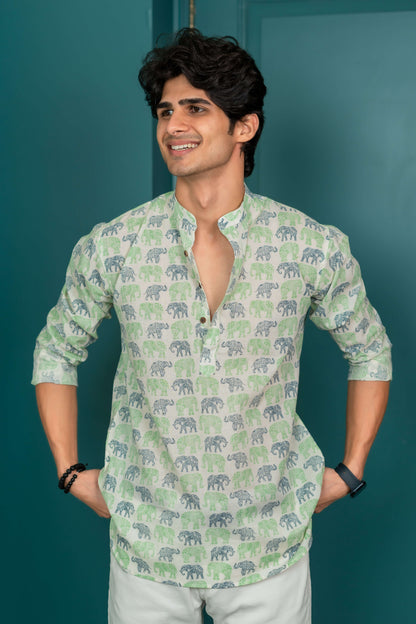 The White Short Kurta With Blue and Green Elephant Print.