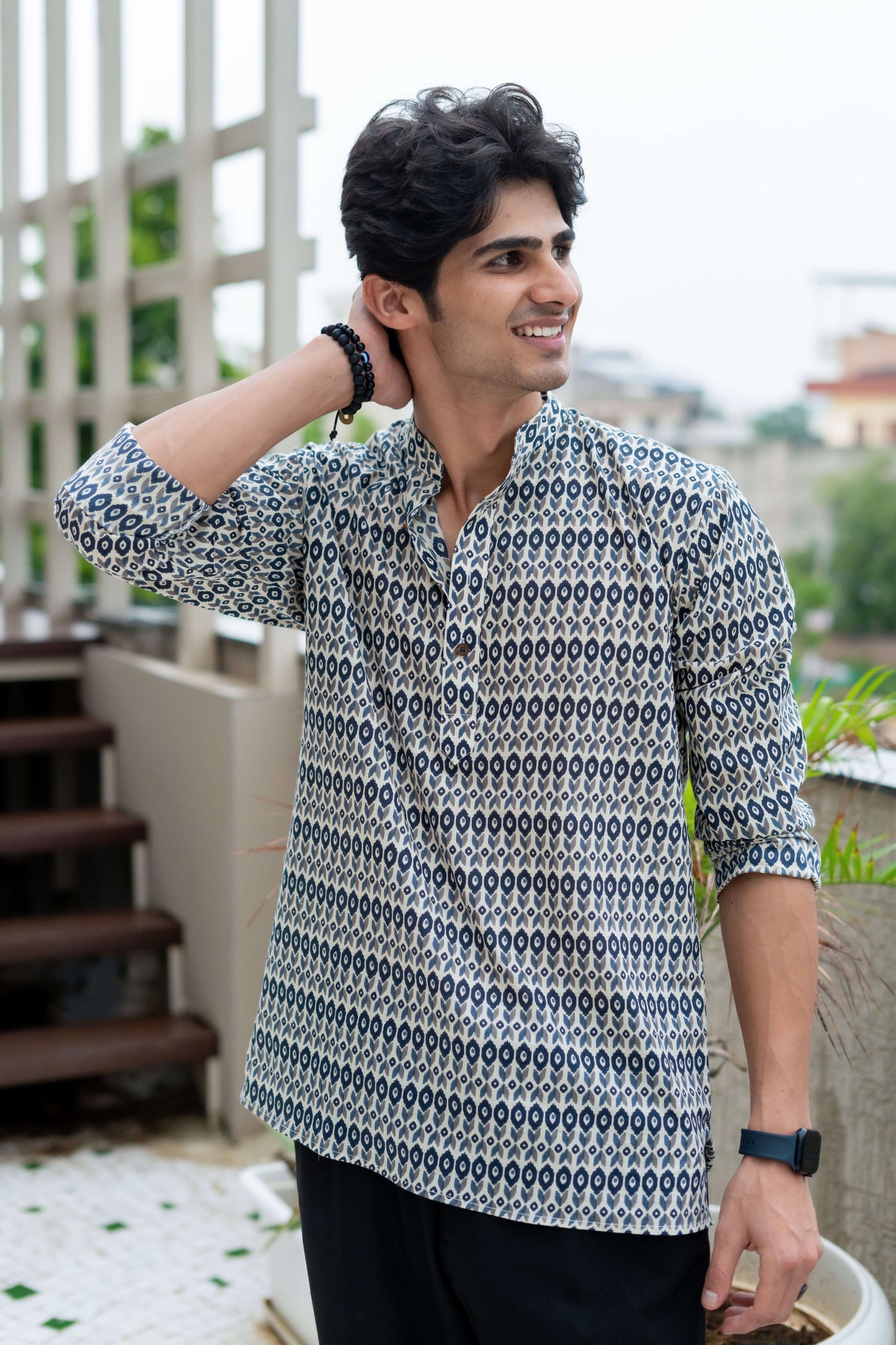 The Smoke White Short Kurta with All Over Ikat Print