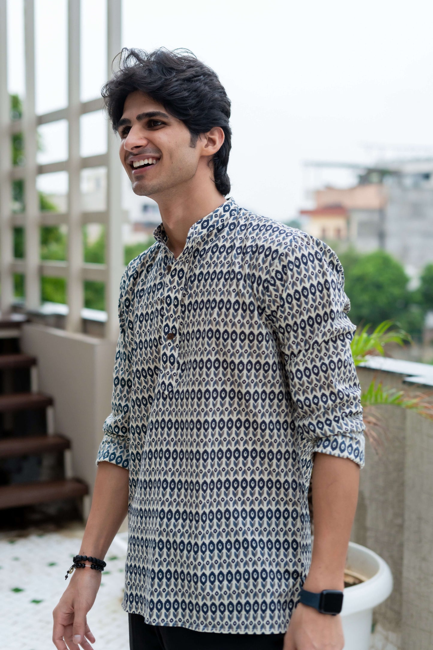 The Smoke White Short Kurta with All Over Ikat Print