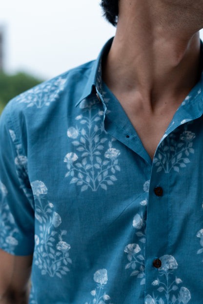 The Marble Blue Half Sleeves Shirt with White Floral Print