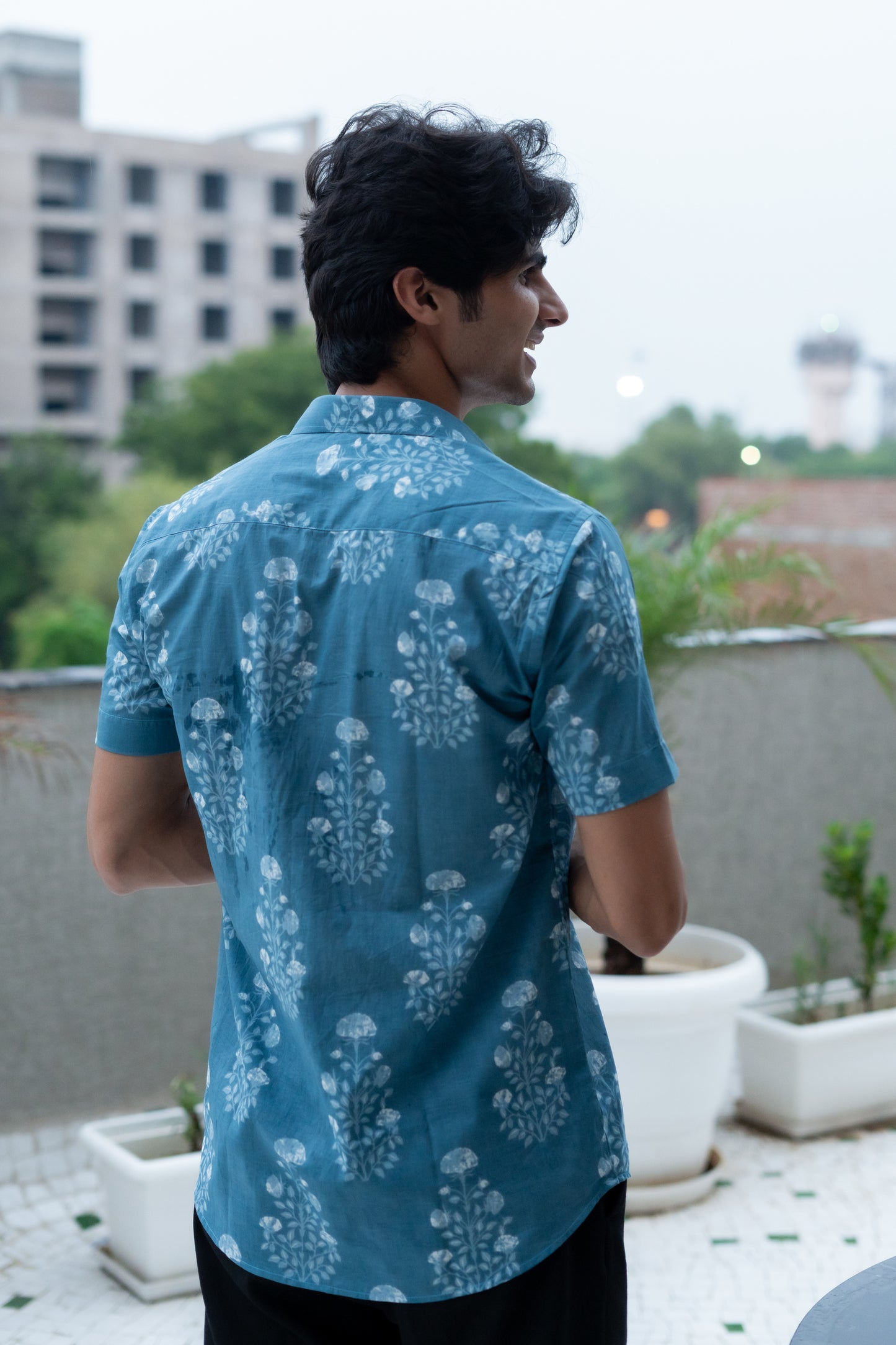 The Marble Blue Half Sleeves Shirt with White Floral Print