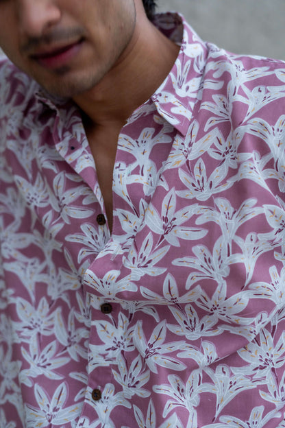 The Light Plum Half Sleeves Shirt With White Flora Print