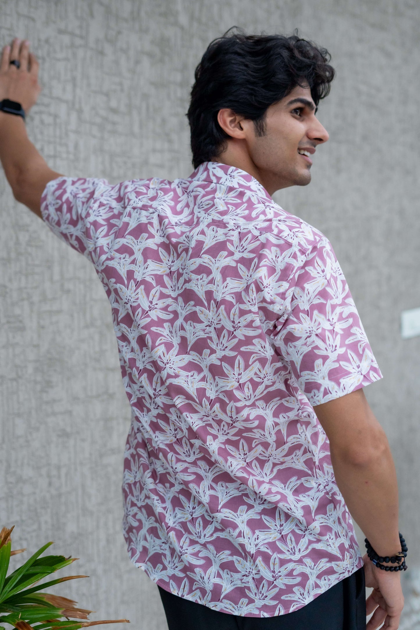 The Light Plum Half Sleeves Shirt With White Flora Print