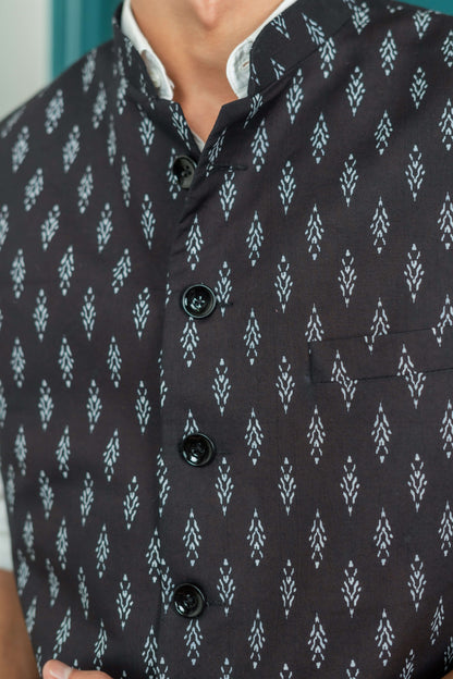 The Black Ikat Look Tribal Print Nehru Jacket