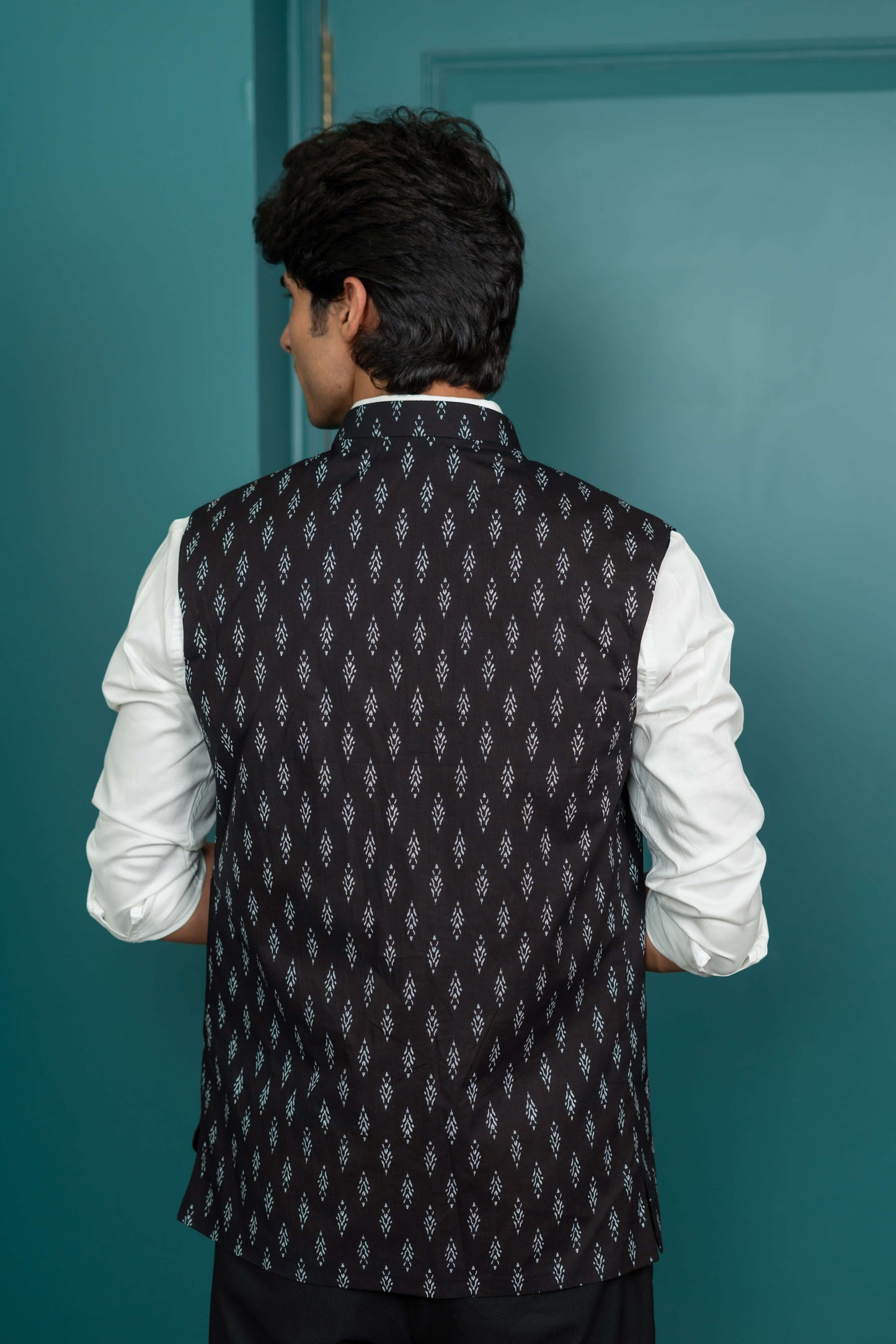 The Black Ikat Look Tribal Print Nehru Jacket