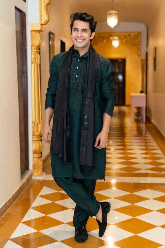 green long kurta for men with dupatta