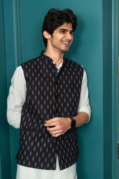 The Black Ikat Look Tribal Print Nehru Jacket