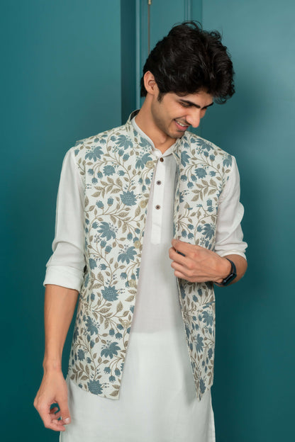 The White Nehru Jacket With All-Over Floral Print