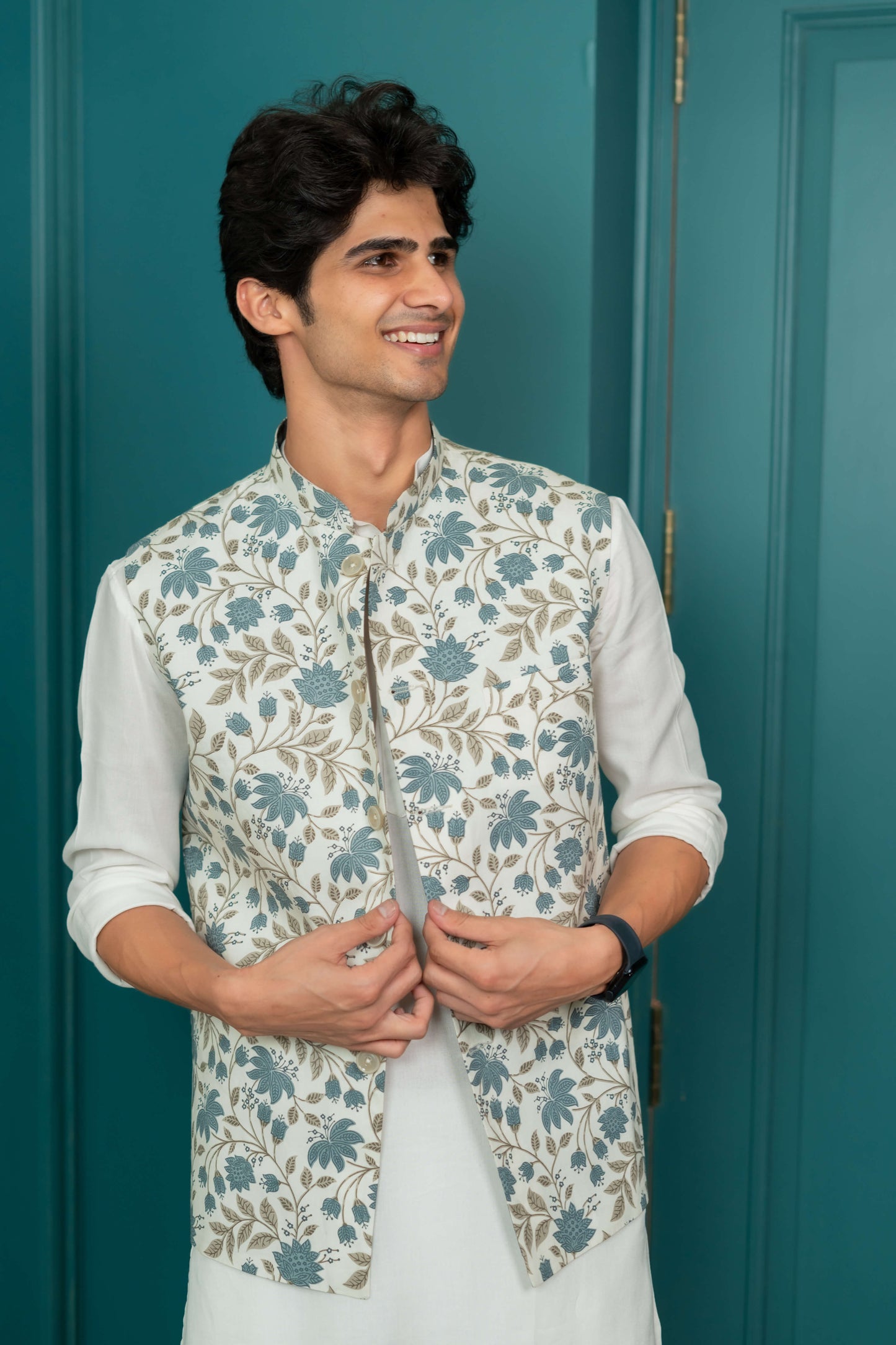 The White Nehru Jacket With All-Over Floral Print