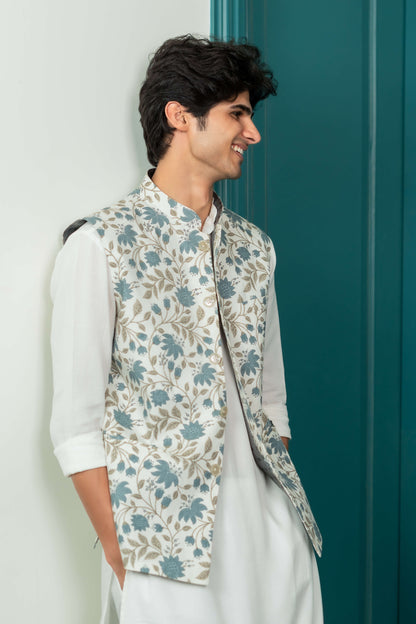 The White Nehru Jacket With All-Over Floral Print