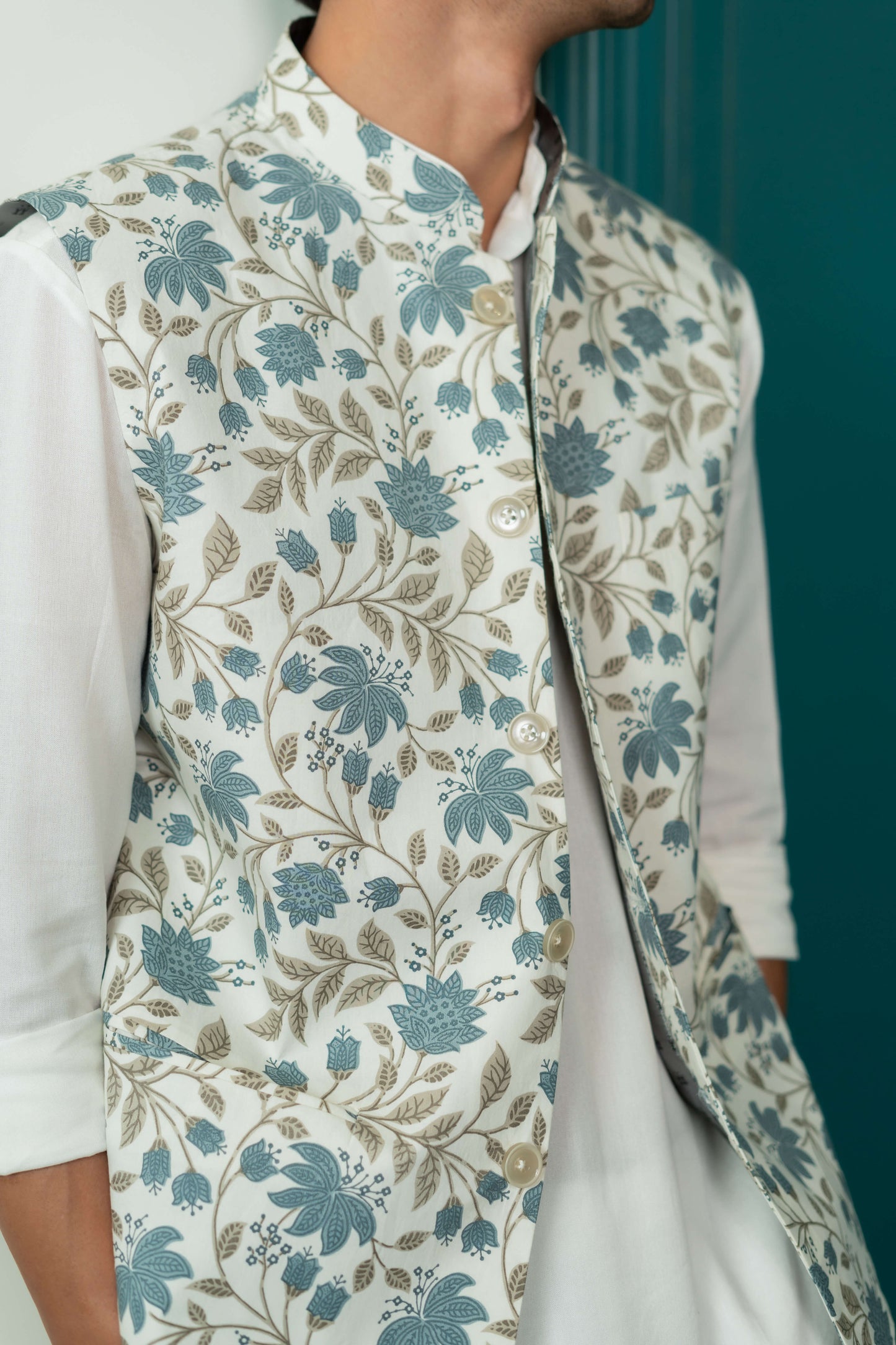 The White Nehru Jacket With All-Over Floral Print