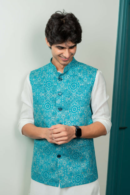 The Bright Turquoise Nehru Jacket With All-Over Floral Foil Print