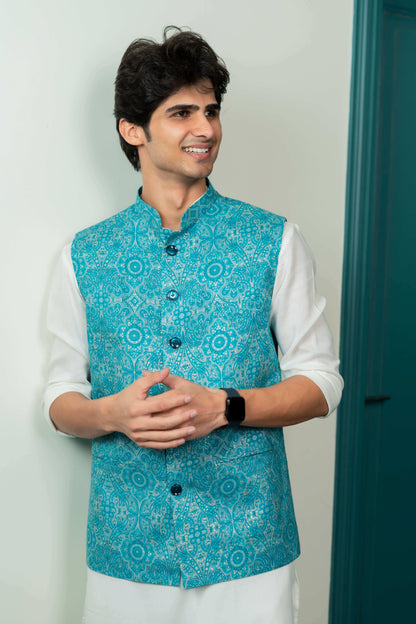 The Bright Turquoise Nehru Jacket With All-Over Floral Foil Print