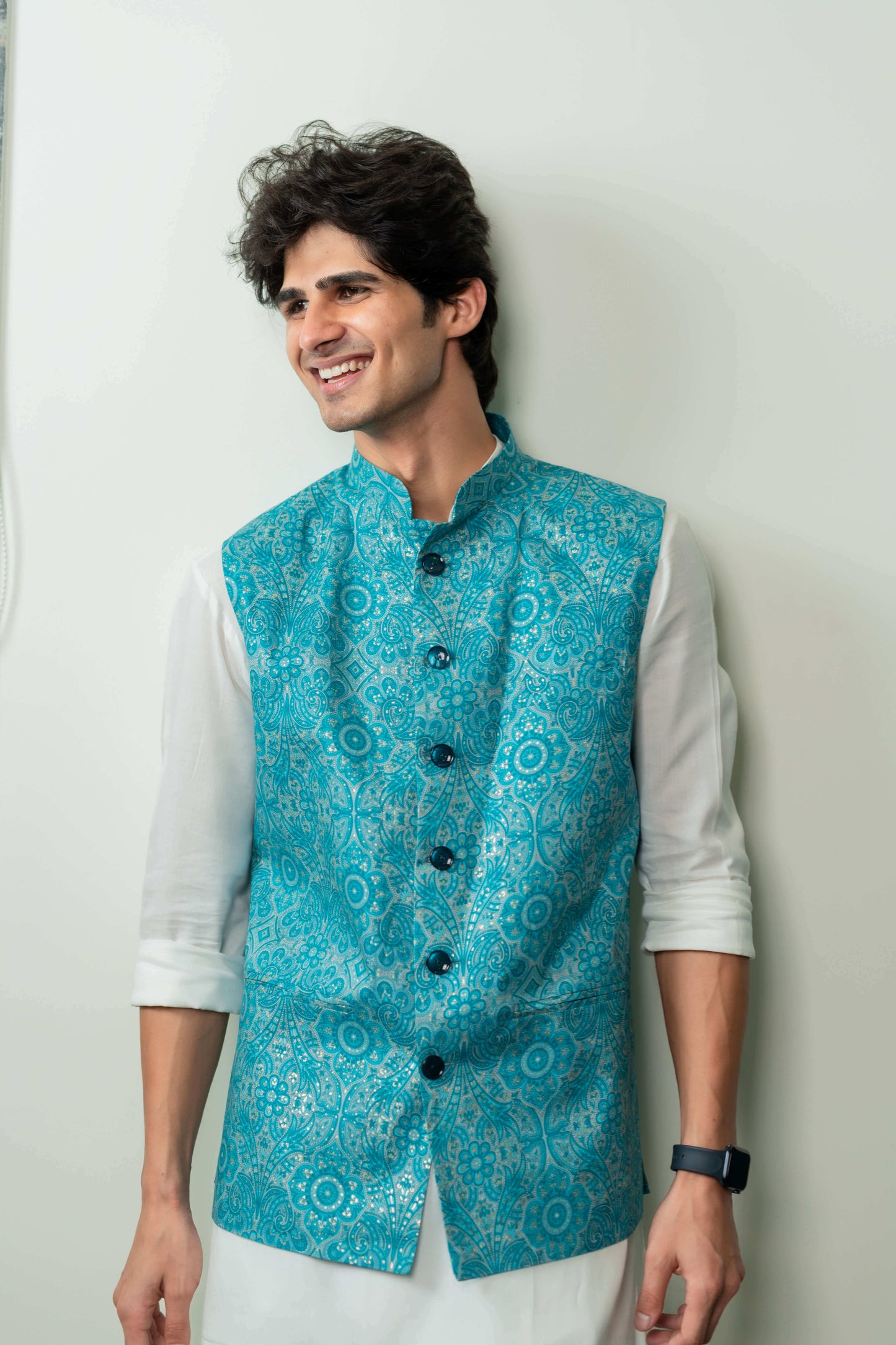 The Bright Turquoise Nehru Jacket With All-Over Floral Foil Print