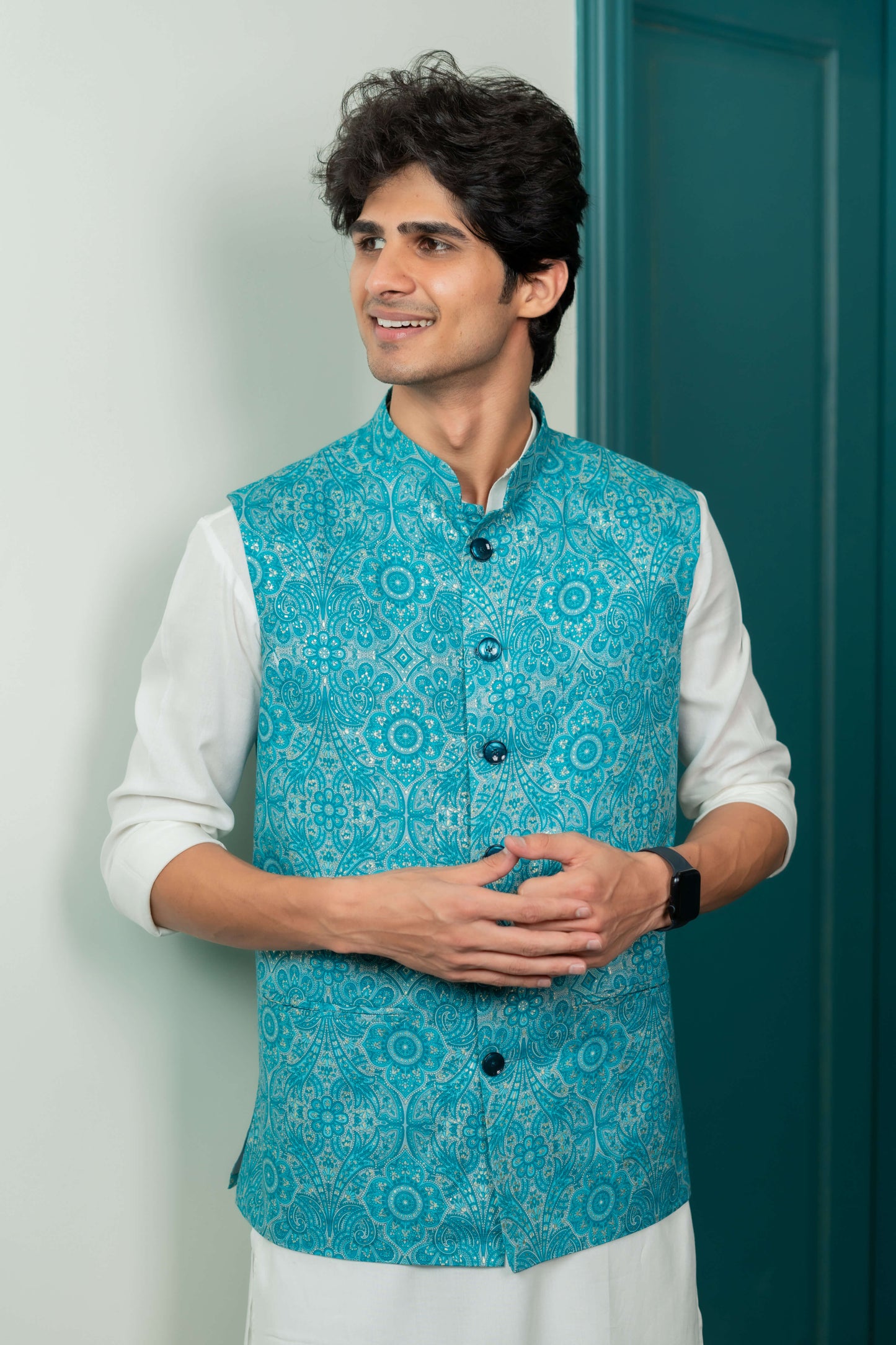 The Bright Turquoise Nehru Jacket With All-Over Floral Foil Print