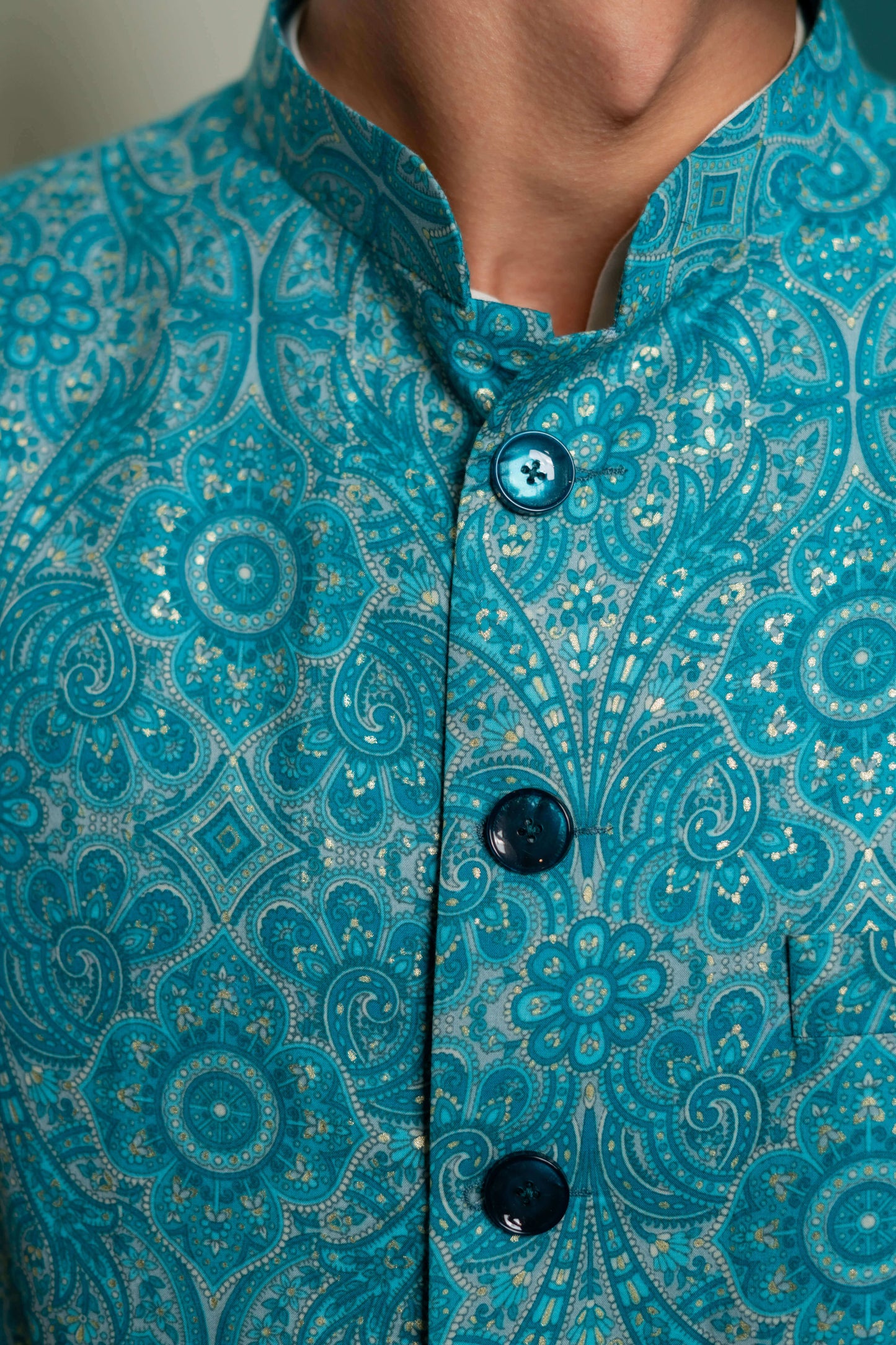 The Bright Turquoise Nehru Jacket With All-Over Floral Foil Print