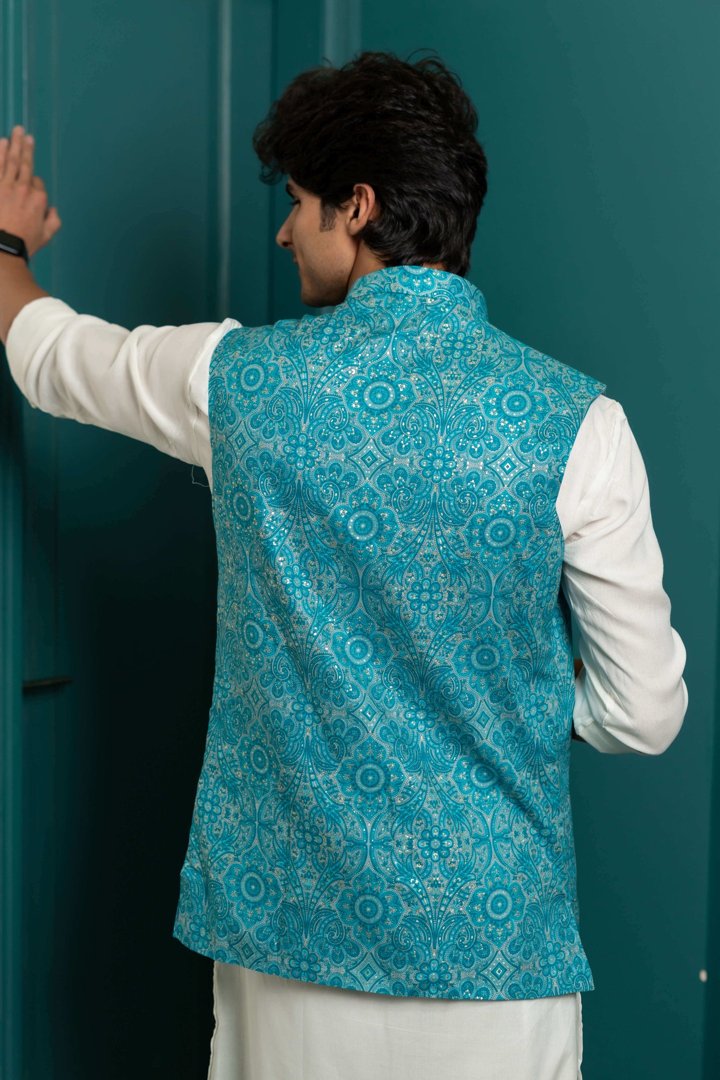 The Bright Turquoise Nehru Jacket With All-Over Floral Foil Print