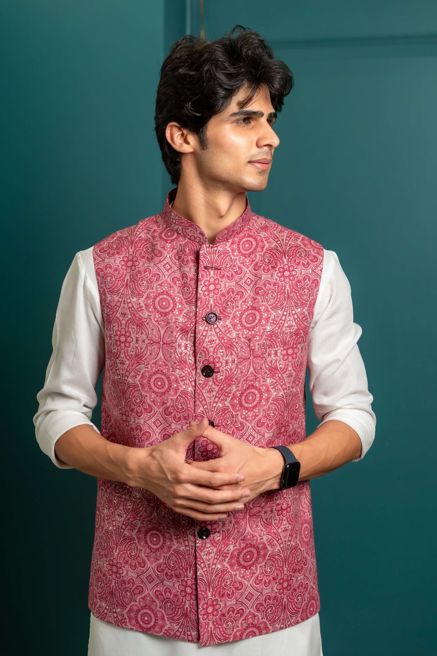 The Bright Pink Nehru Jacket With All-Over Floral Foil Print